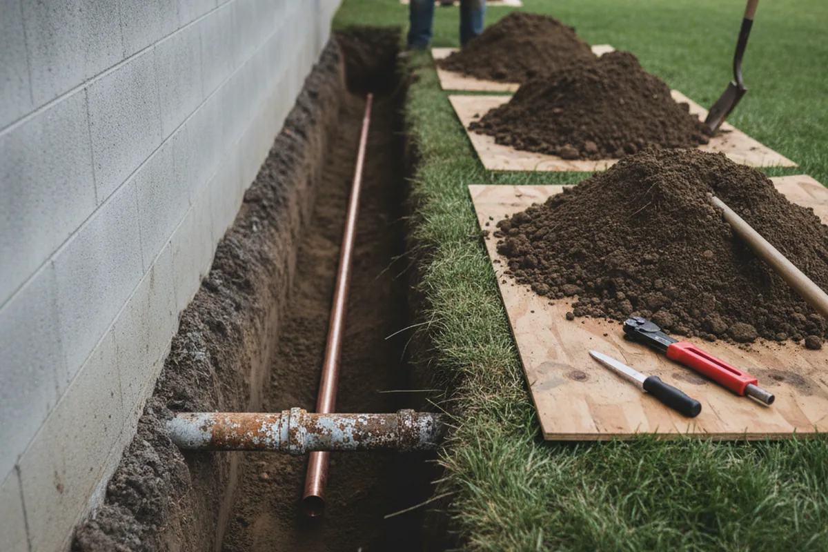 Excavated water line trench during Water Softener Installation in Oronogo